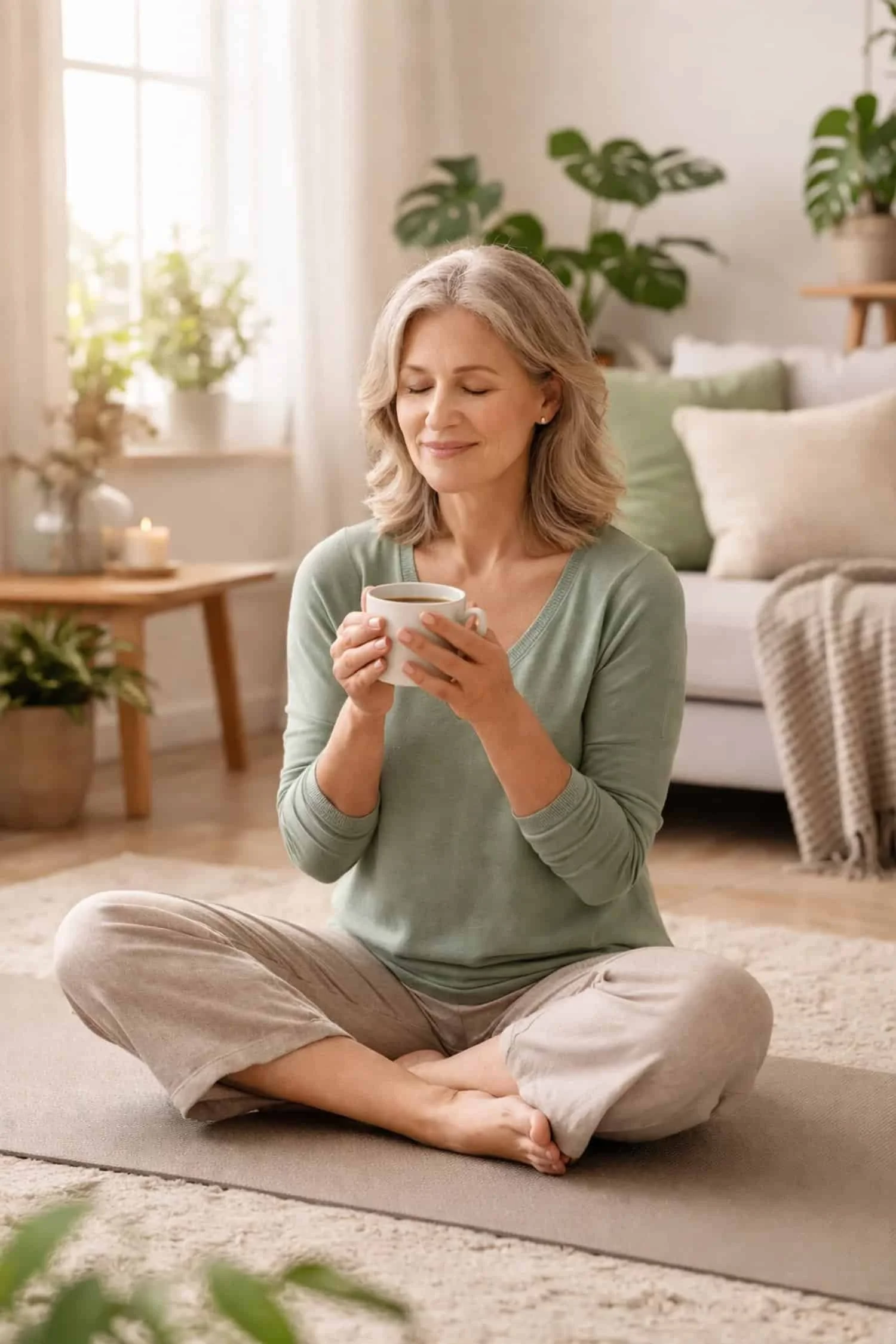 Peaceful woman on yoga mat with herbal tea, representing holistic approaches for joint comfort and inflammation.