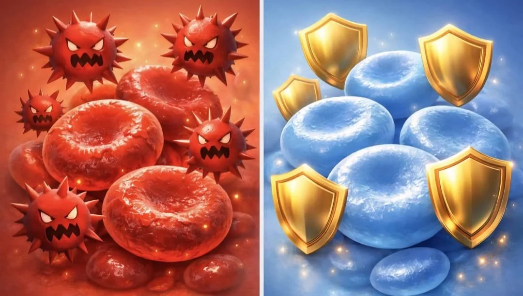 Illustration comparing inflamed cells with free radicals to healthy cells protected by antioxidants