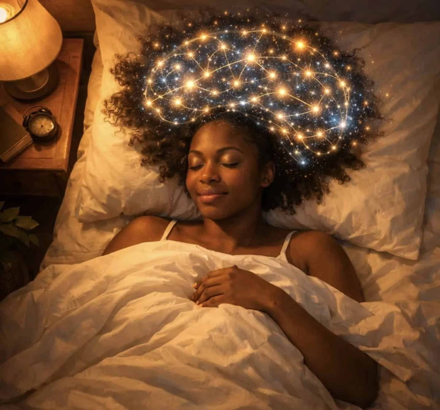 Woman sleeping peacefully while brain processes memories during quality sleep and rest