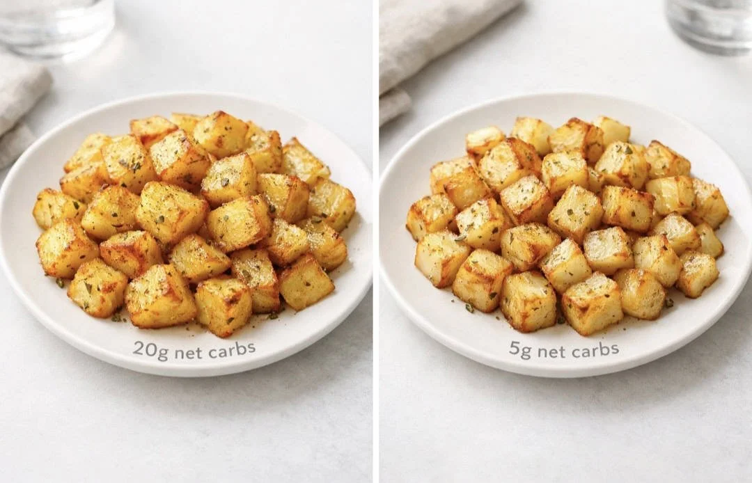 Side-by-side comparison of roasted potatoes versus low-carb celeriac cubes for keto diet