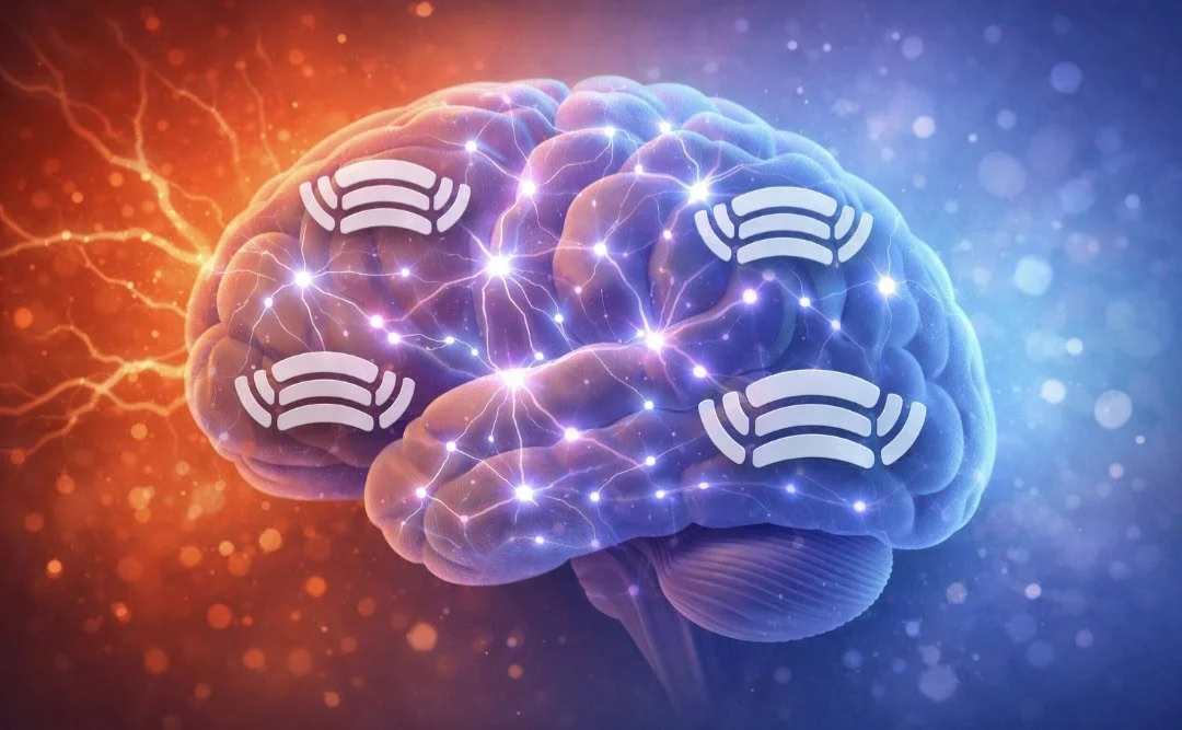 Brain showing GABA neurotransmitters calming anxiety and reducing racing thoughts