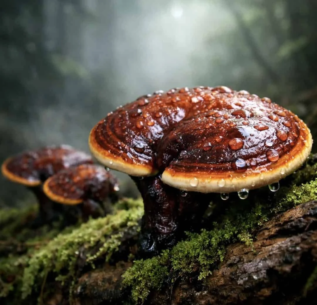 Fresh Reishi mushrooms growing naturally on forest log showing traditional medicinal fungus