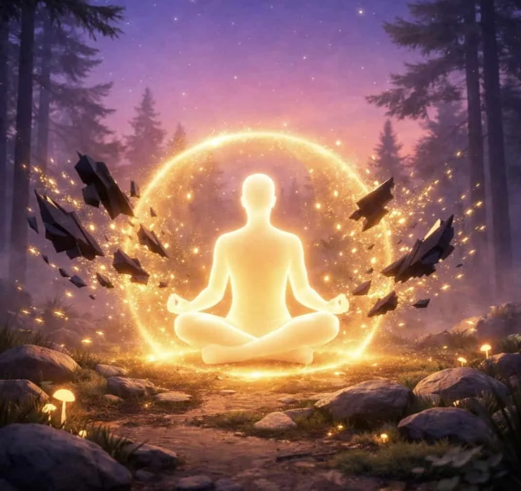 Person meditating with Reishi adaptogen reducing stress and promoting mental calm