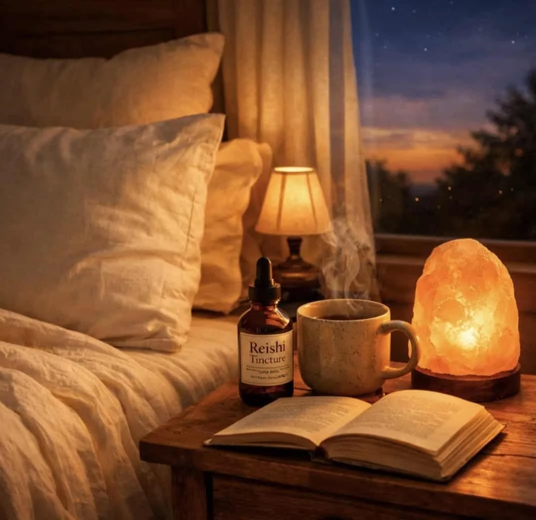 Reishi tincture and herbal tea on nightstand for natural sleep support and relaxation