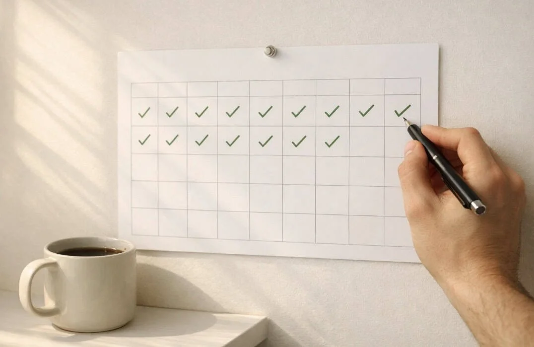 Hand checking off a habit tracker in morning light showing discipline through consistency