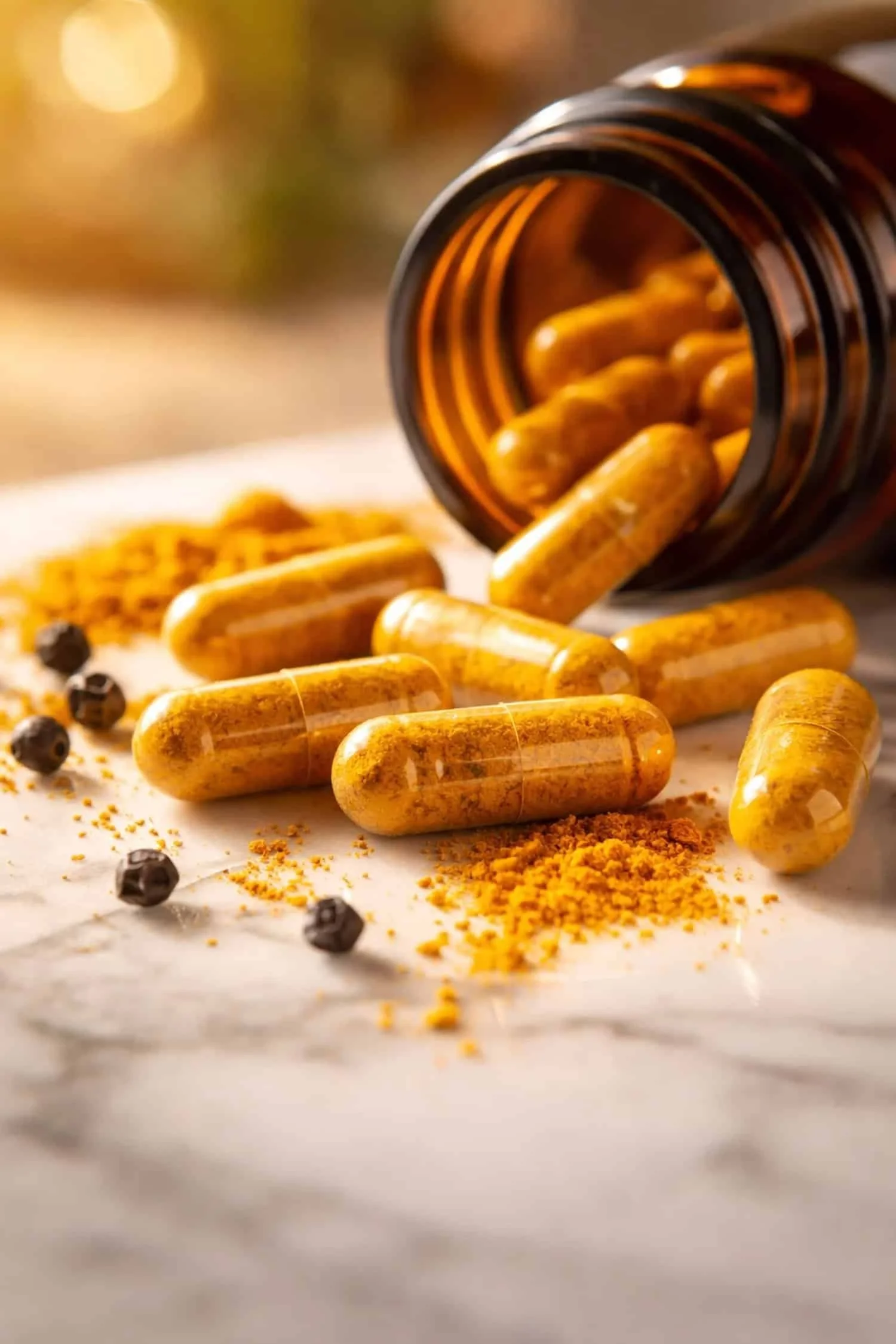 Close-up of turmeric curcumin capsules and powder, a top supplement for inflammation relief.