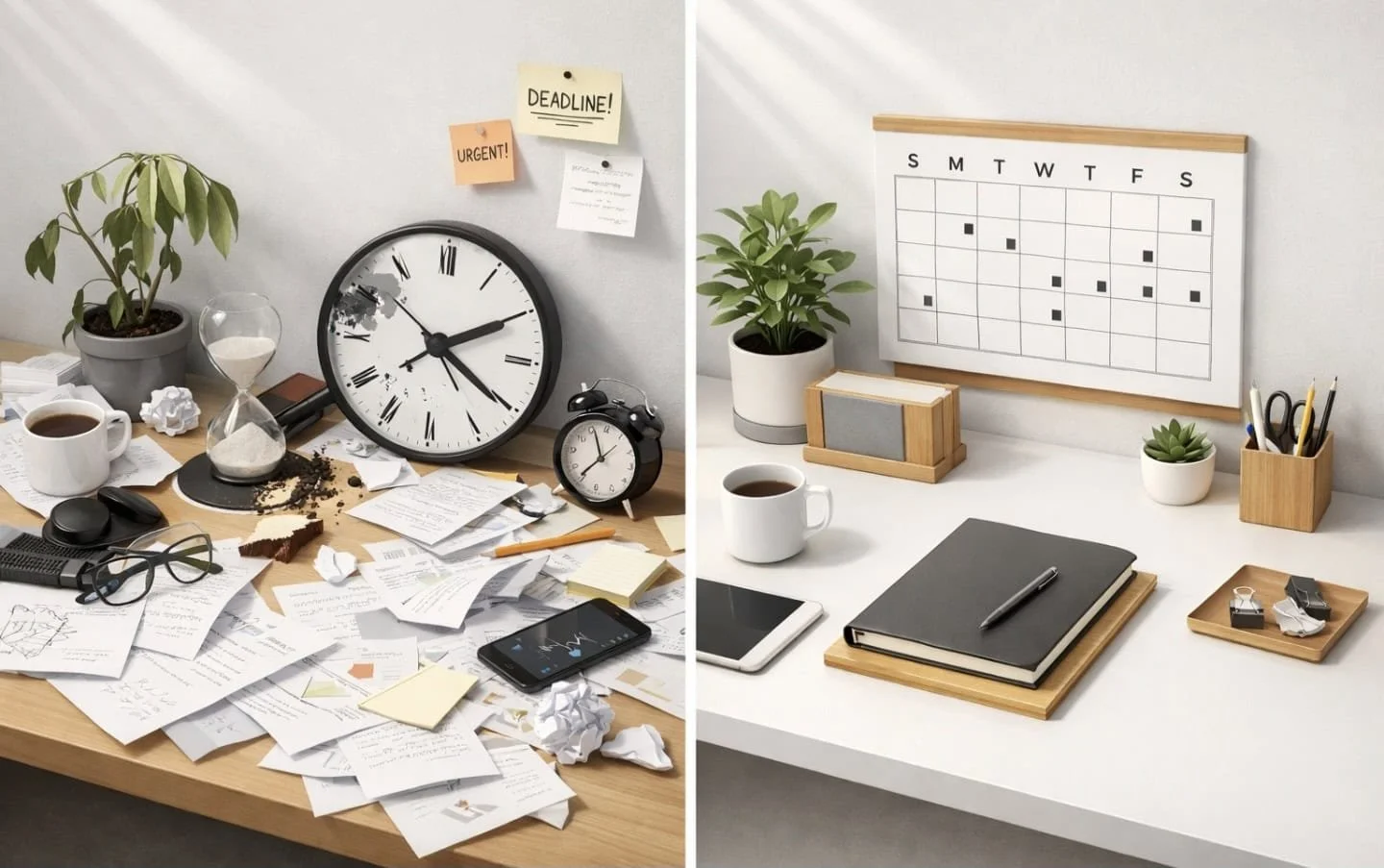 Comparison of chaotic versus organized workspace showing systems and habits for success