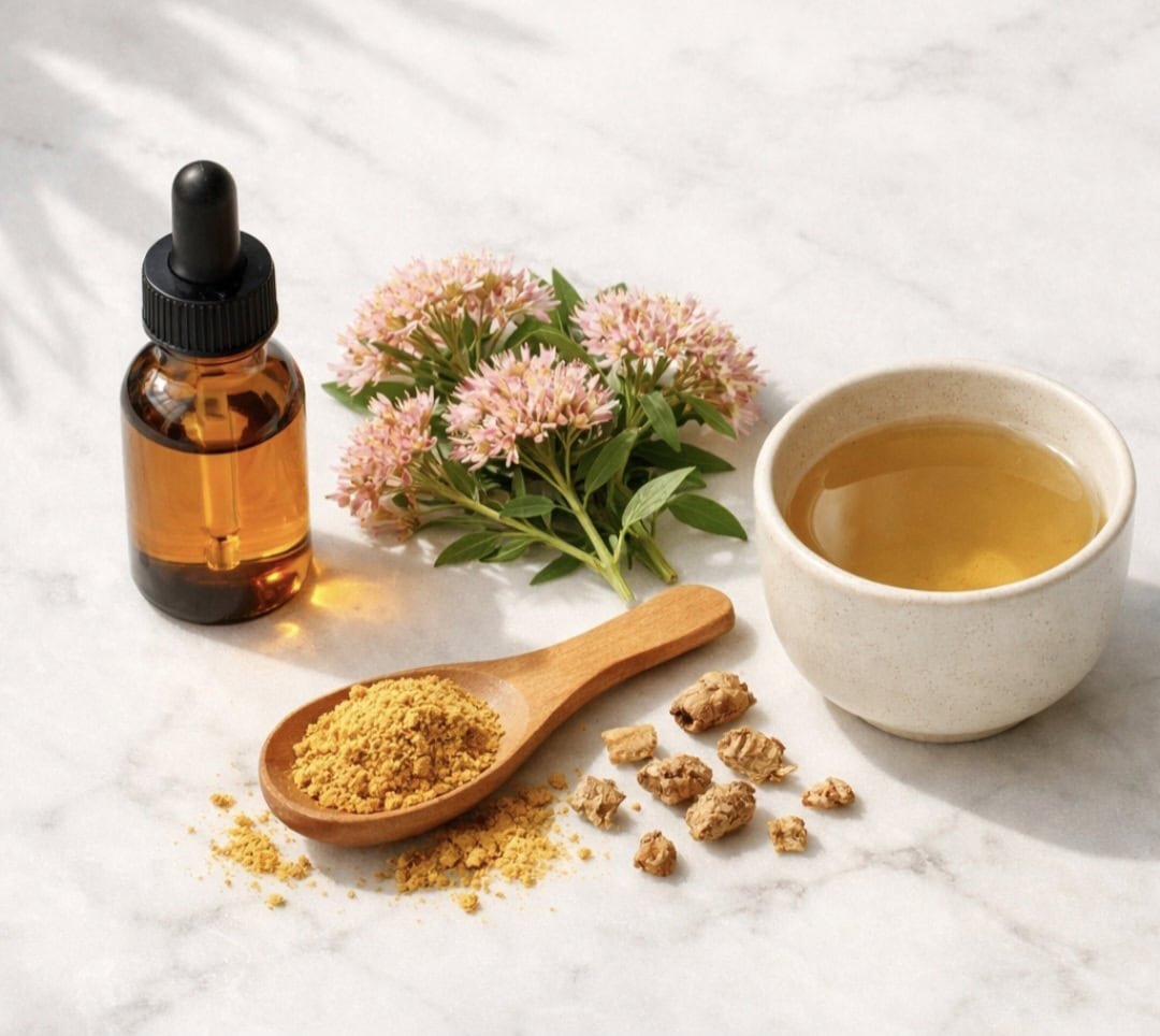 Rhodiola Rosea supplement bottle with herbal tea and natural wellness products for stress relief