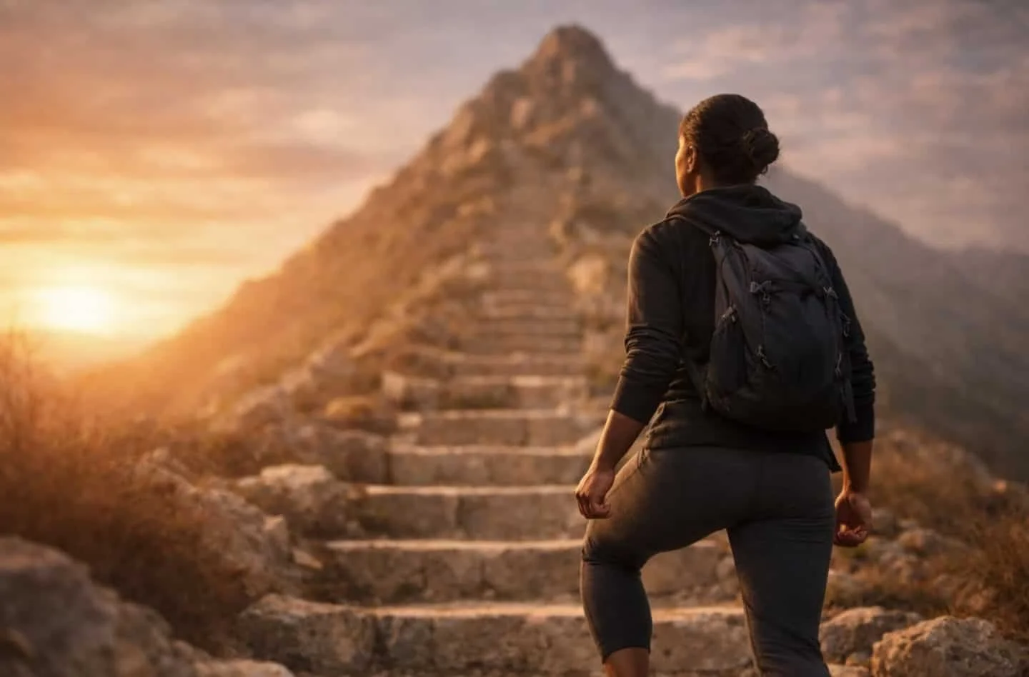 Person taking first step up mountain representing mental strength to overcome procrastination