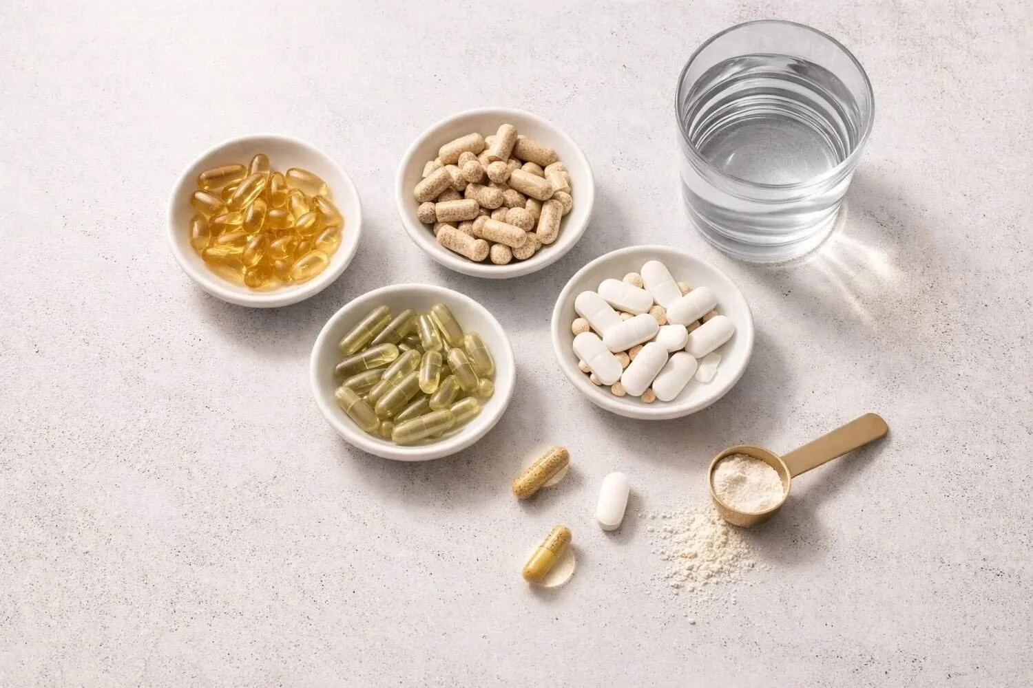 Neatly arranged supplement capsules and tablets, highlighting accurate dosing for anti-inflammatory benefits.