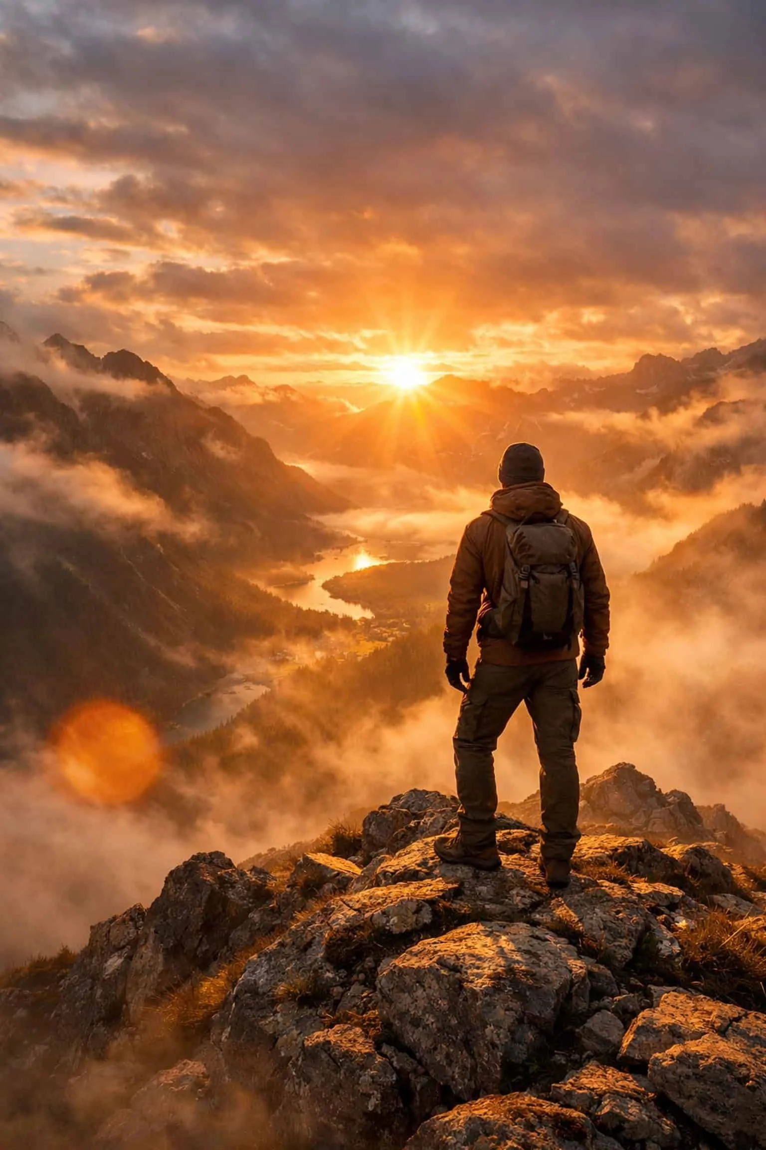 A person on a mountain peak at sunrise symbolizing a successful holistic health and wellness journey.
