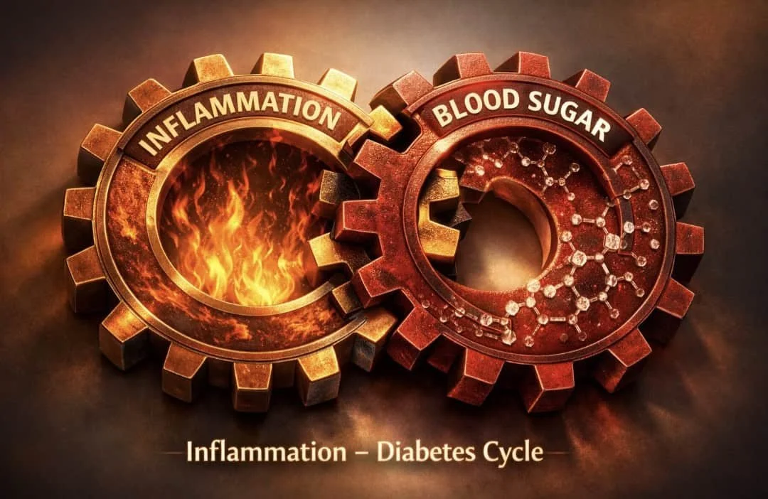 Interlocking gears illustrating the connection between chronic inflammation and type 2 diabetes blood sugar