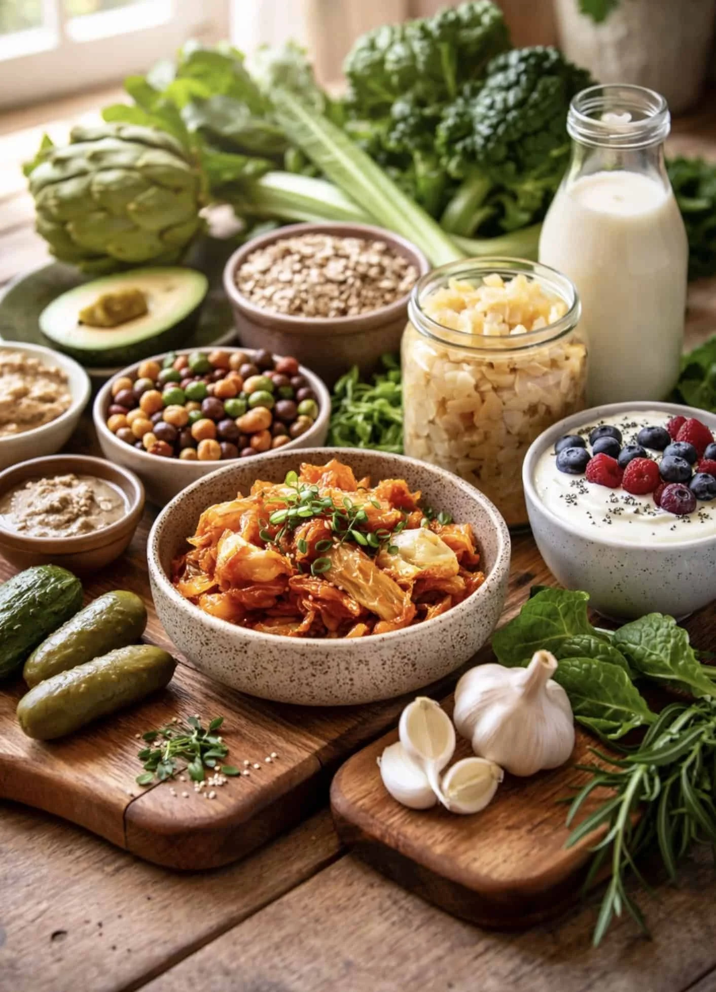 Assortment of gut-healthy foods including fermented vegetables and probiotics for digestive wellness