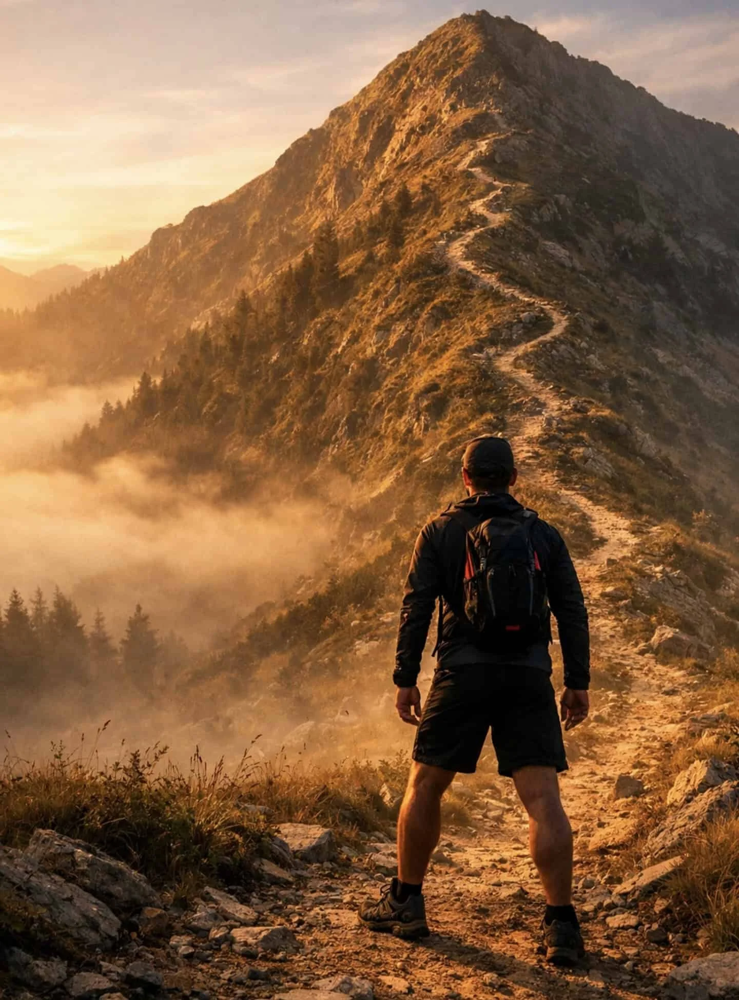 Person standing at mountain trail beginning their goal achievement journey with determination