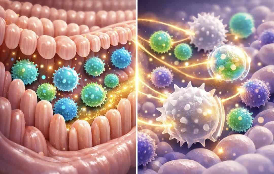 Illustration of gut-immune connection showing beneficial bacteria and immune cells interaction