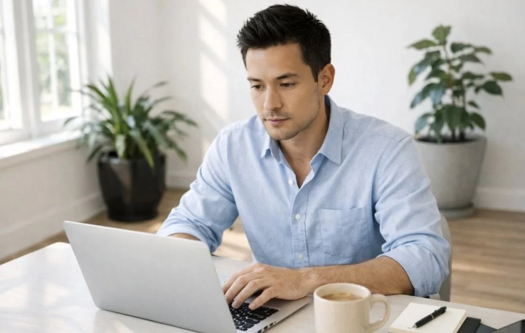 Focused professional working at desk demonstrating mental clarity and improved concentration