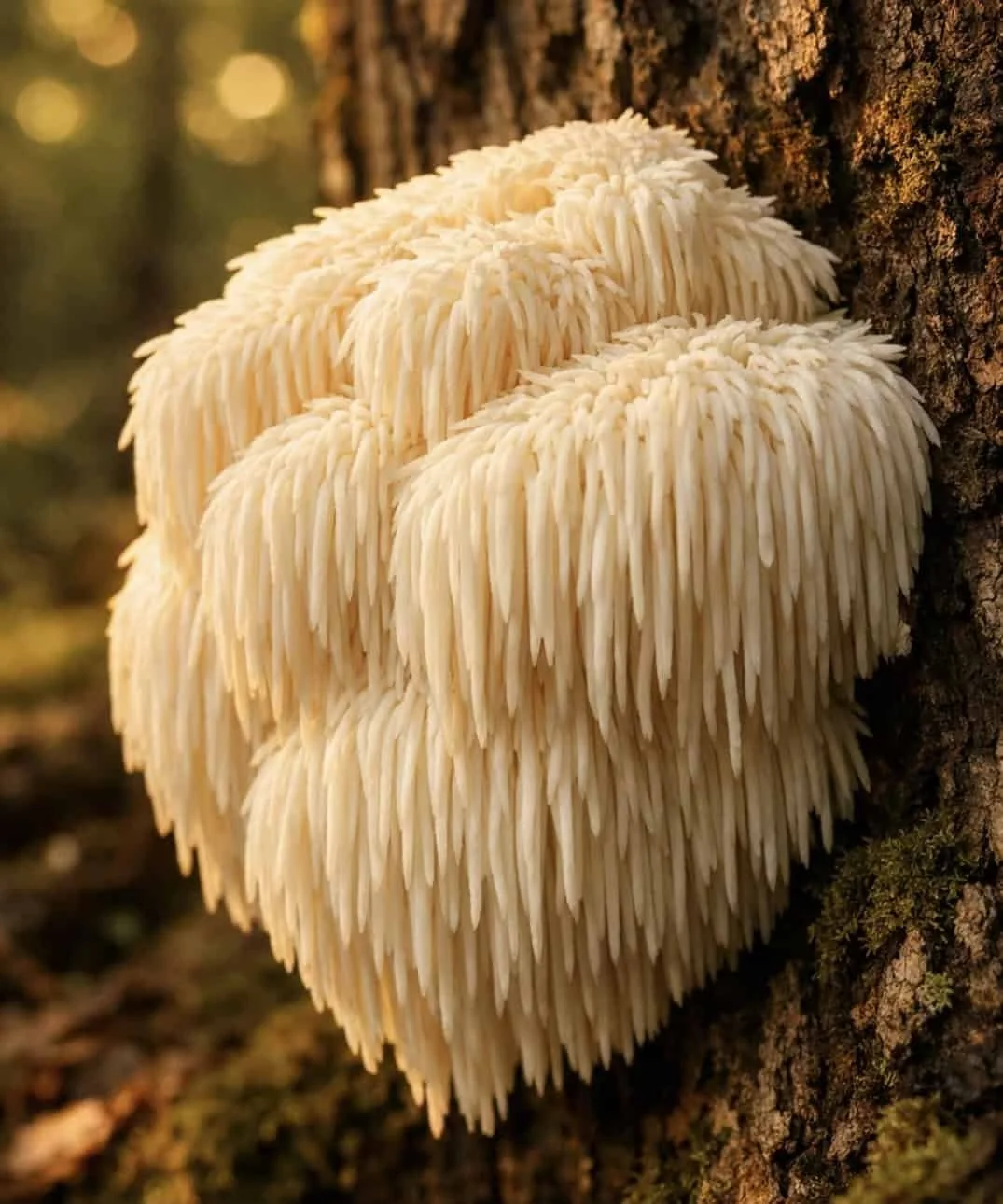 Fresh Lion's Mane mushroom growing on tree bark showing white cascading tendrils in natural forest
