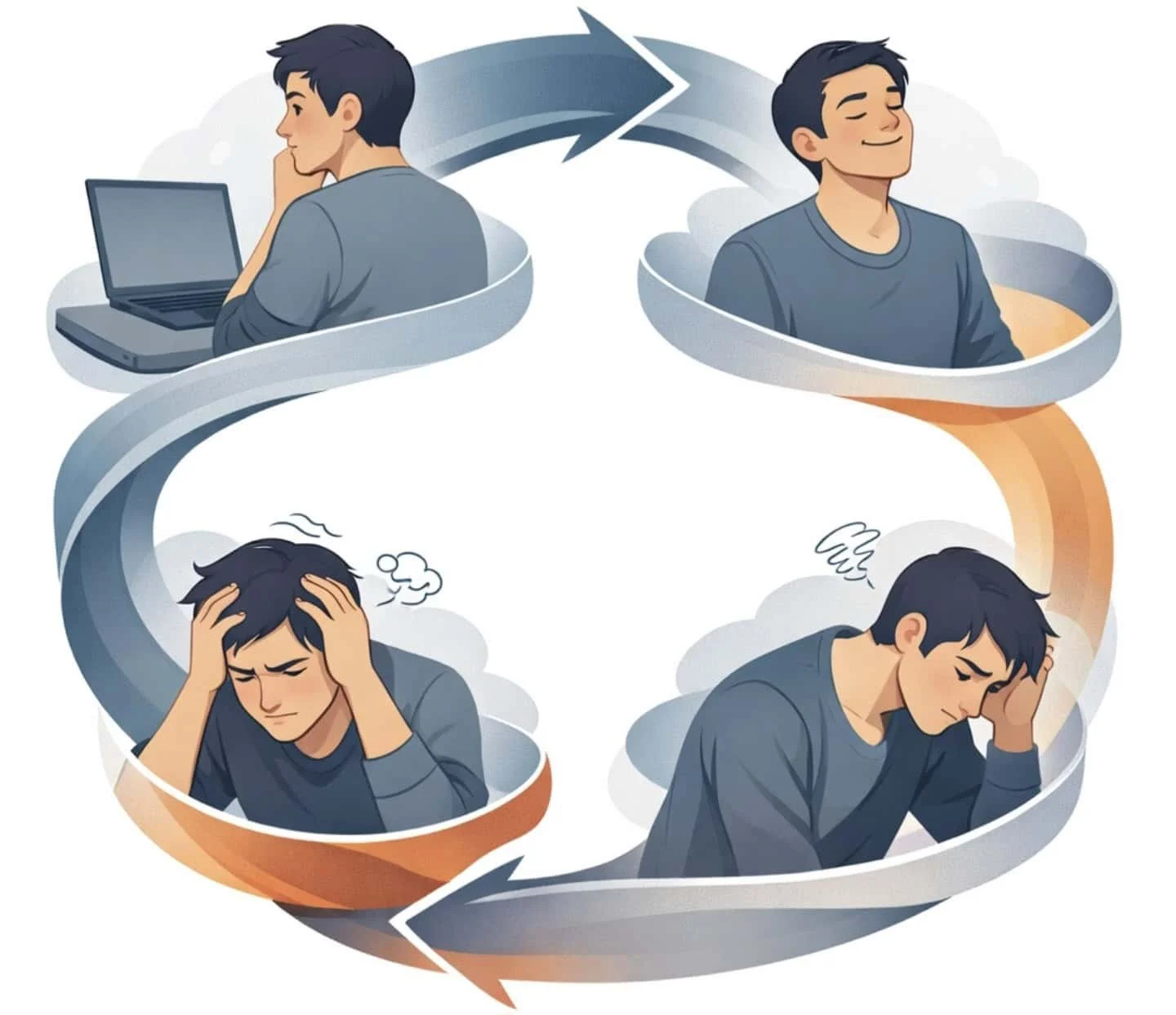 Circular cycle showing procrastination loop from avoidance to relief to guilt to anxiety