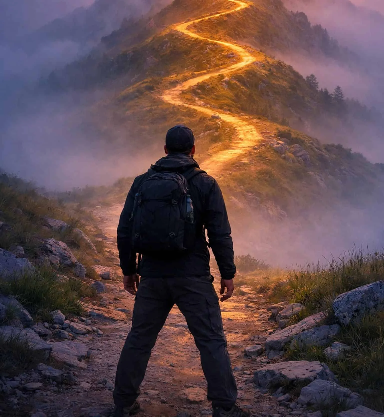 Person beginning journey up mountain path symbolizing building courage through practice