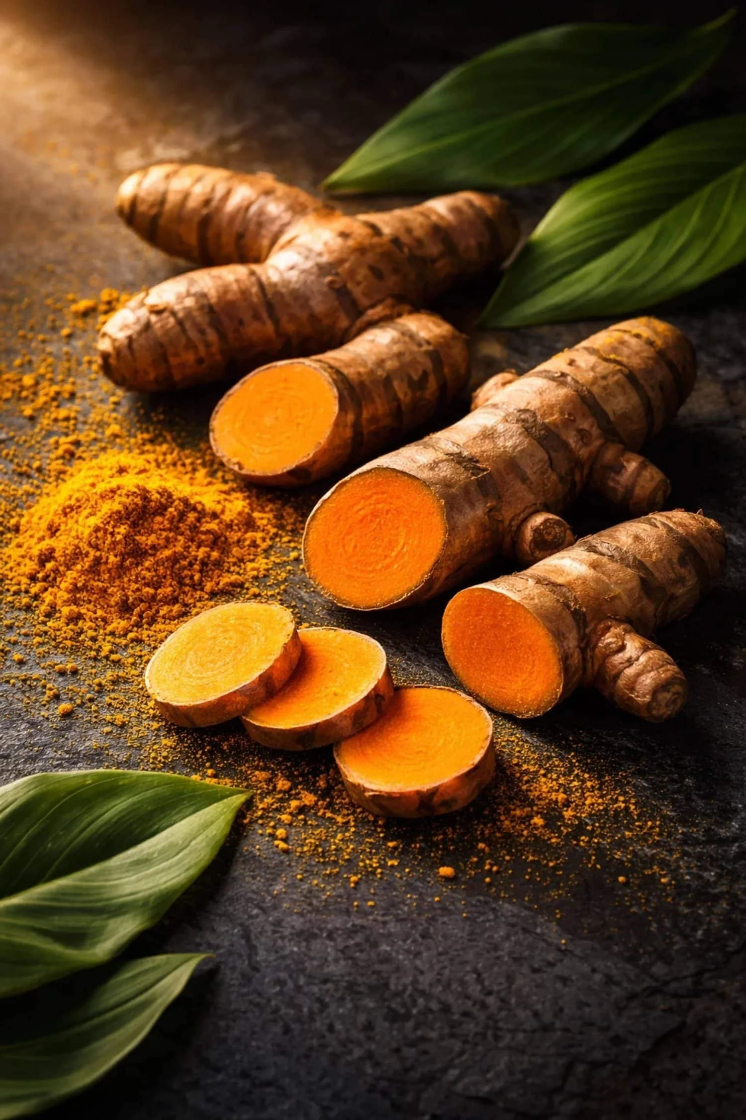 Fresh turmeric roots and golden turmeric powder, a natural supplement for liver health