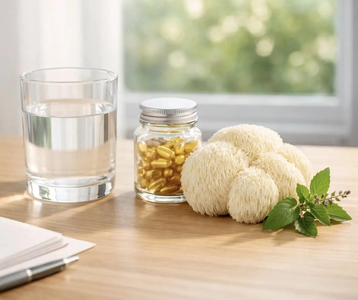 Natural supplements and Lion's Mane on a desk for building a strong will and cognitive support.