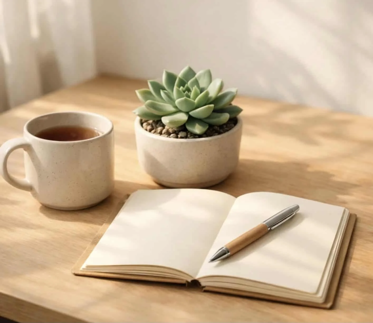 Peaceful morning desk setup with journal and tea for daily mental strength practice