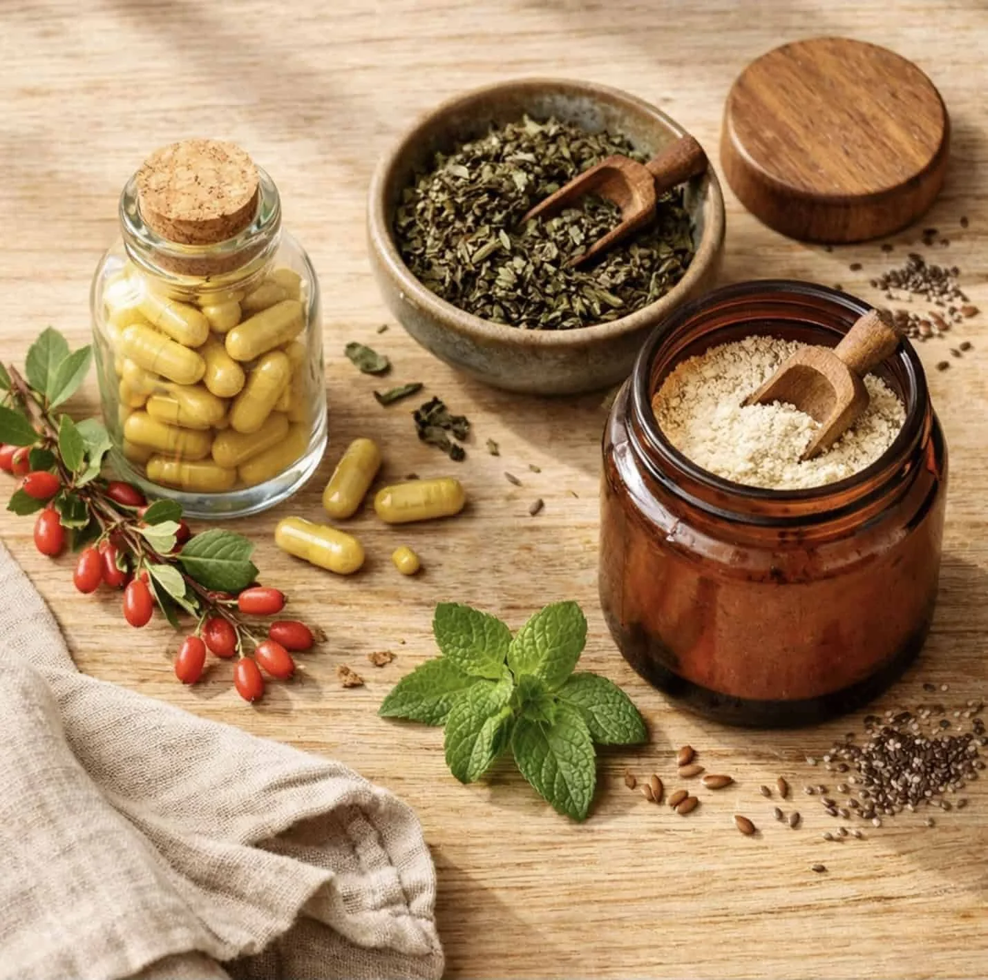 Natural weight loss supplements including berberine, green tea, and fiber arranged on wooden surface