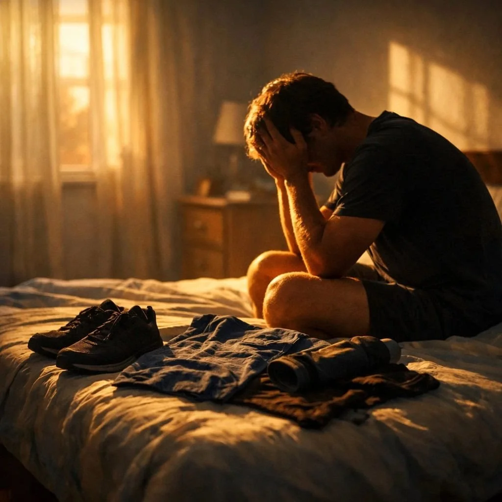 Person struggling with motivation at dawn with workout clothes laid out, contemplating health goals
