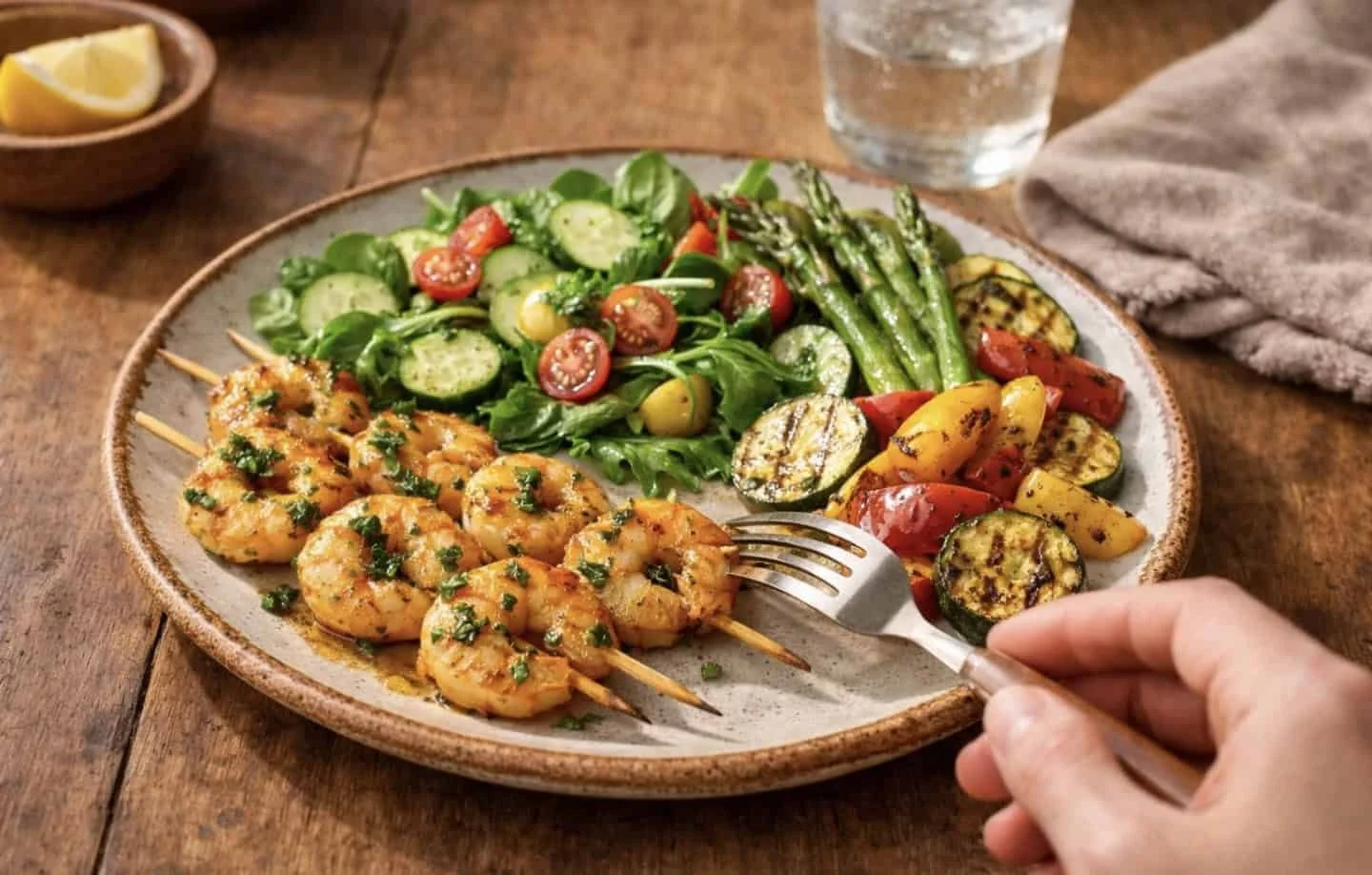 Keto dinner plate with lemon garlic shrimp, roasted Asparagus and a fresh salad