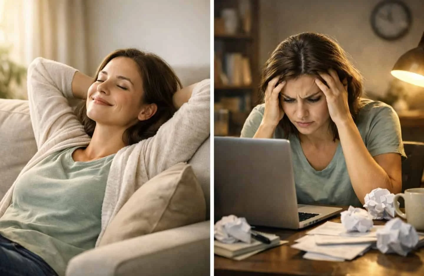 Split image comparing relaxed person vs stressed person procrastinating at desk with laptop