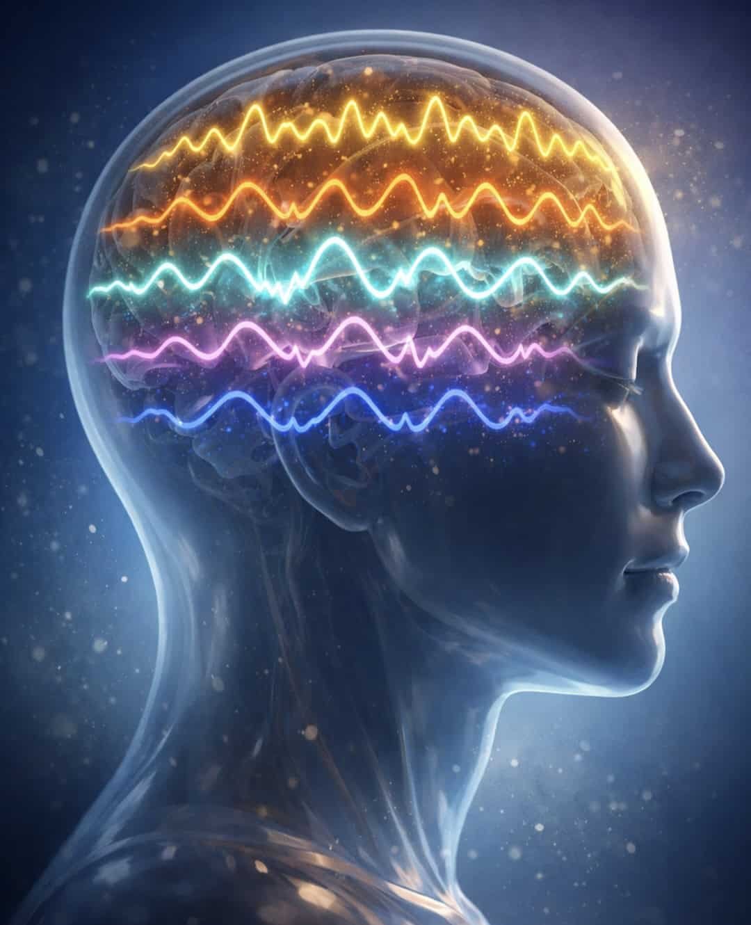 Visualization of five brainwave frequencies in the brain from delta to gamma waves