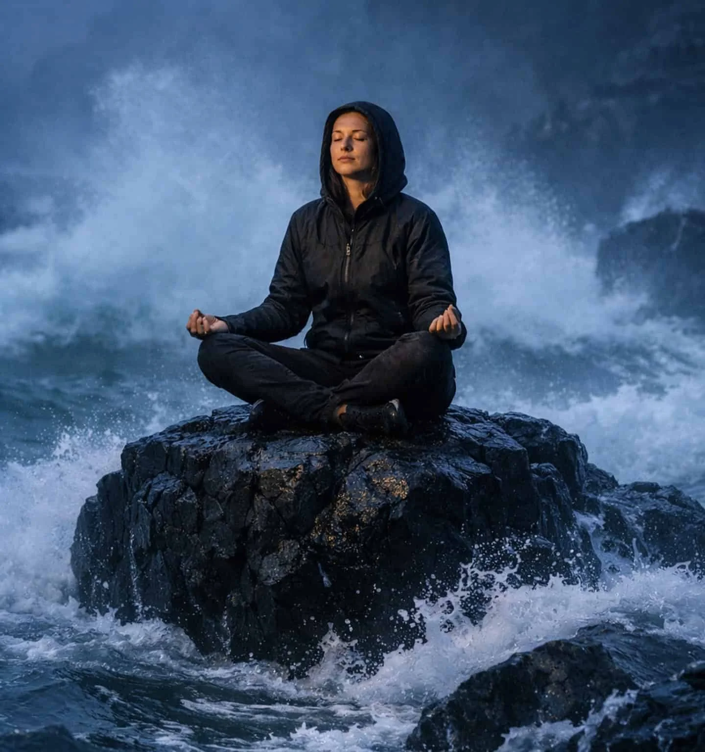 Person meditating calmly on a rocky shore, symbolizing inner strength and nervous system regulation.