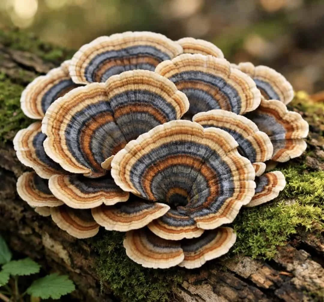 Turkey tail mushroom growing on log showing colorful concentric rings resembling turkey feathers