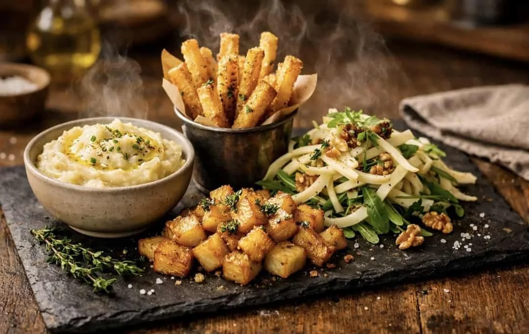 Various keto-friendly celeriac preparations: mashed, fries, salad, and roasted cubes