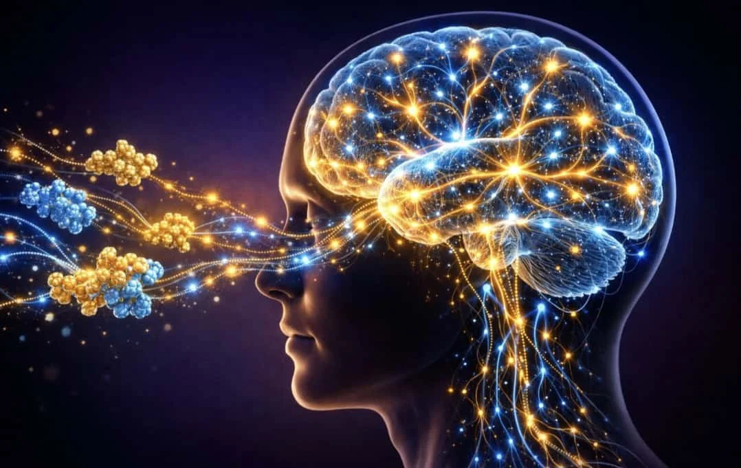 Brain illustration showing neural pathways and nerve growth factor supporting cognitive function