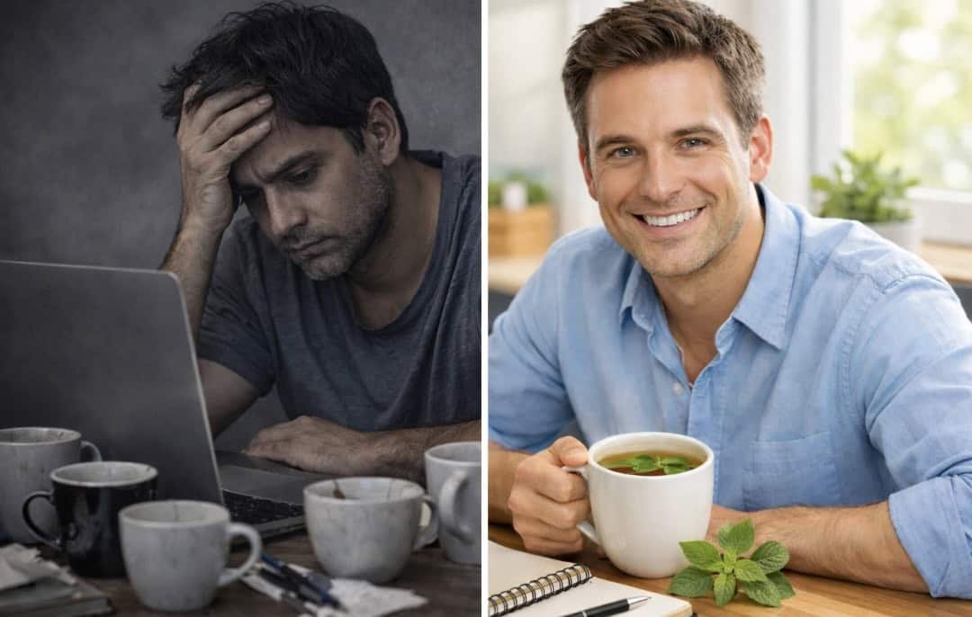 Before and after comparison showing mental clarity improvement with Holy Basil tea