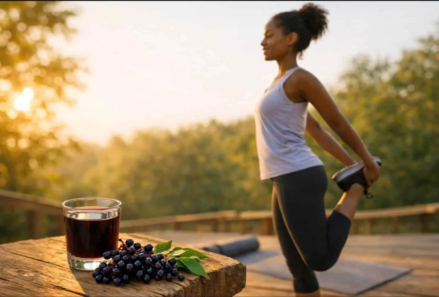 Active person stretching outdoors with elderberry supplement for post-workout recovery
