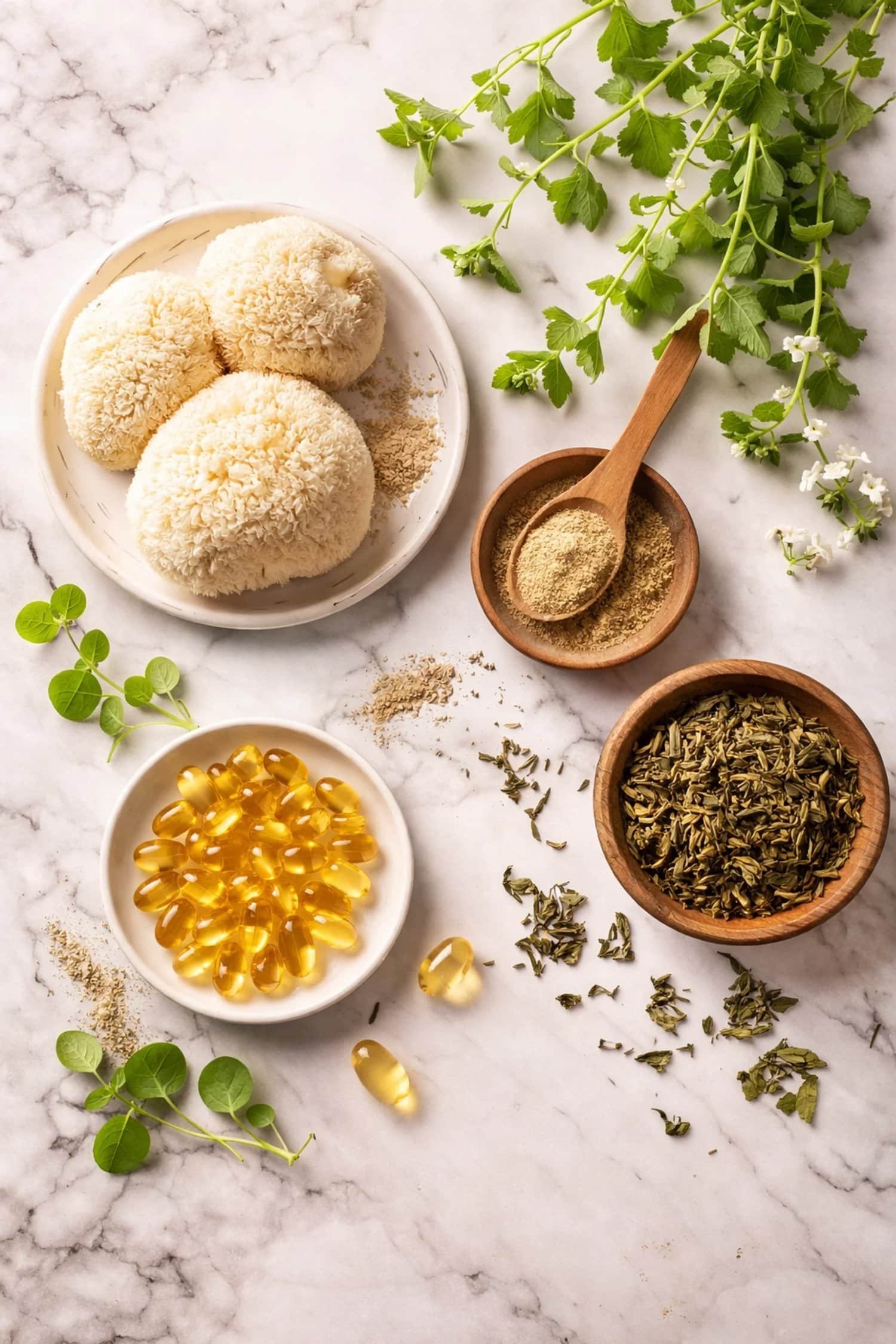 Flat lay of natural brain health supplements like Lion’s Mane and Bacopa for cognitive function and focus