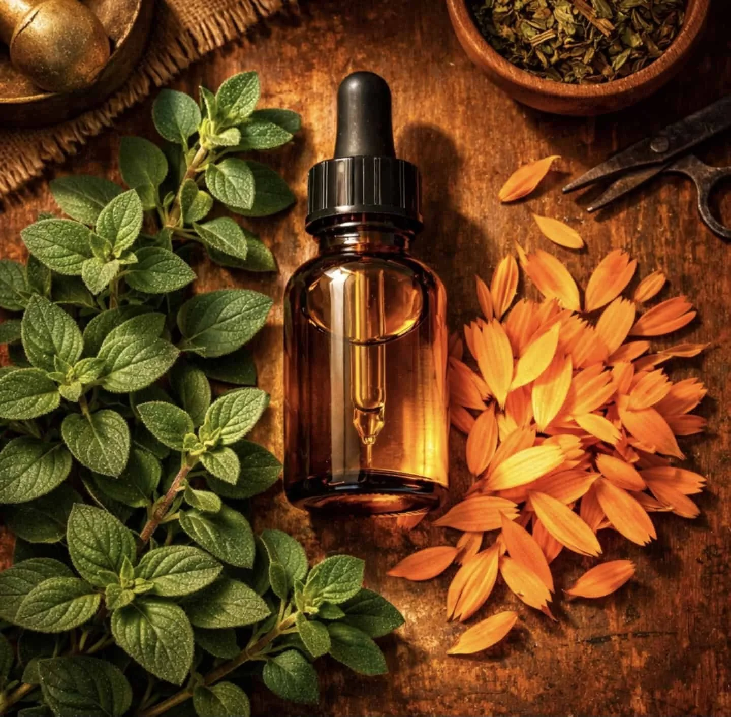 Oregano oil dropper bottle with fresh oregano and calendula petals for natural immunity and healing.