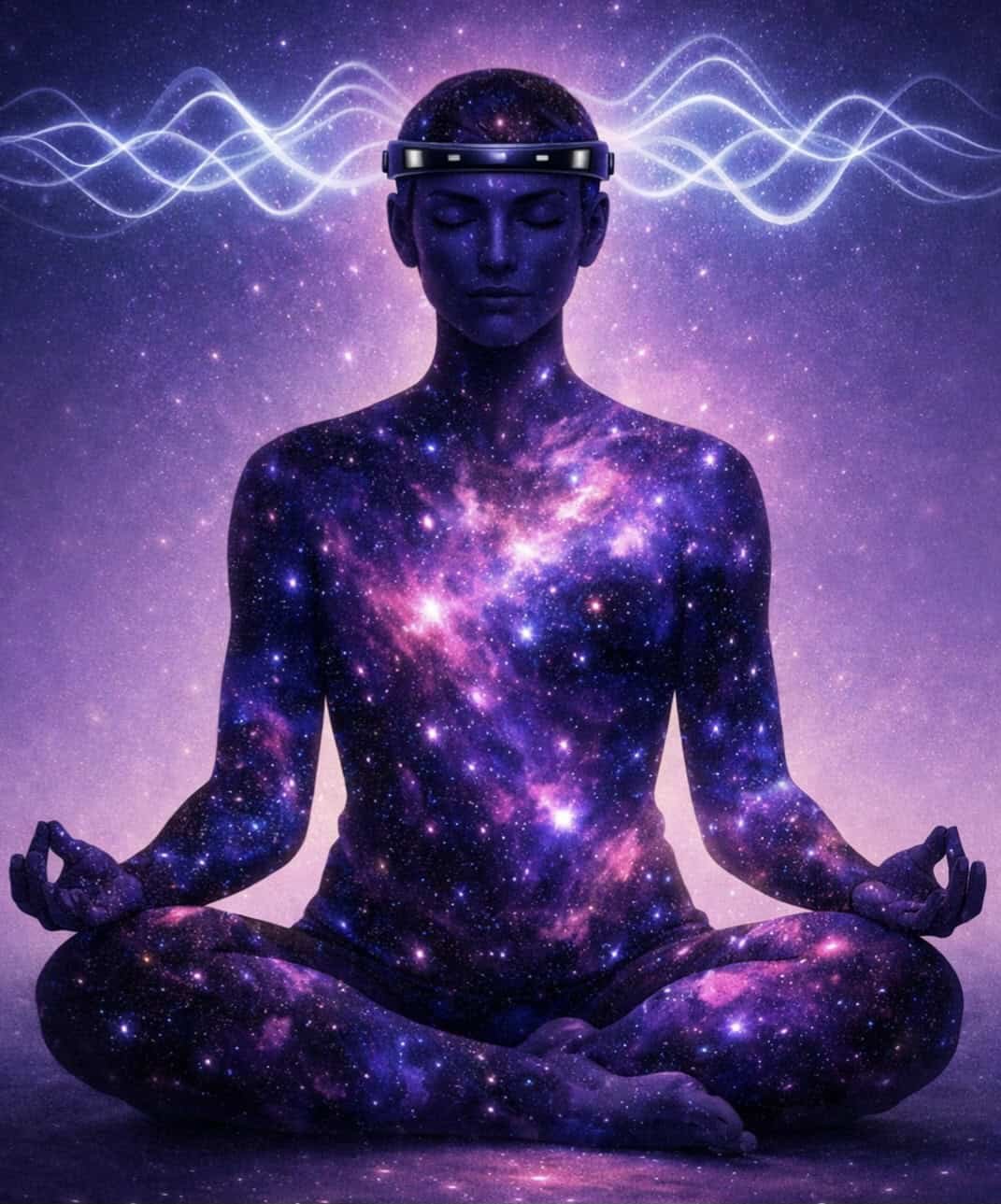 Person using neurofeedback headband device for mental fortitude training and meditation