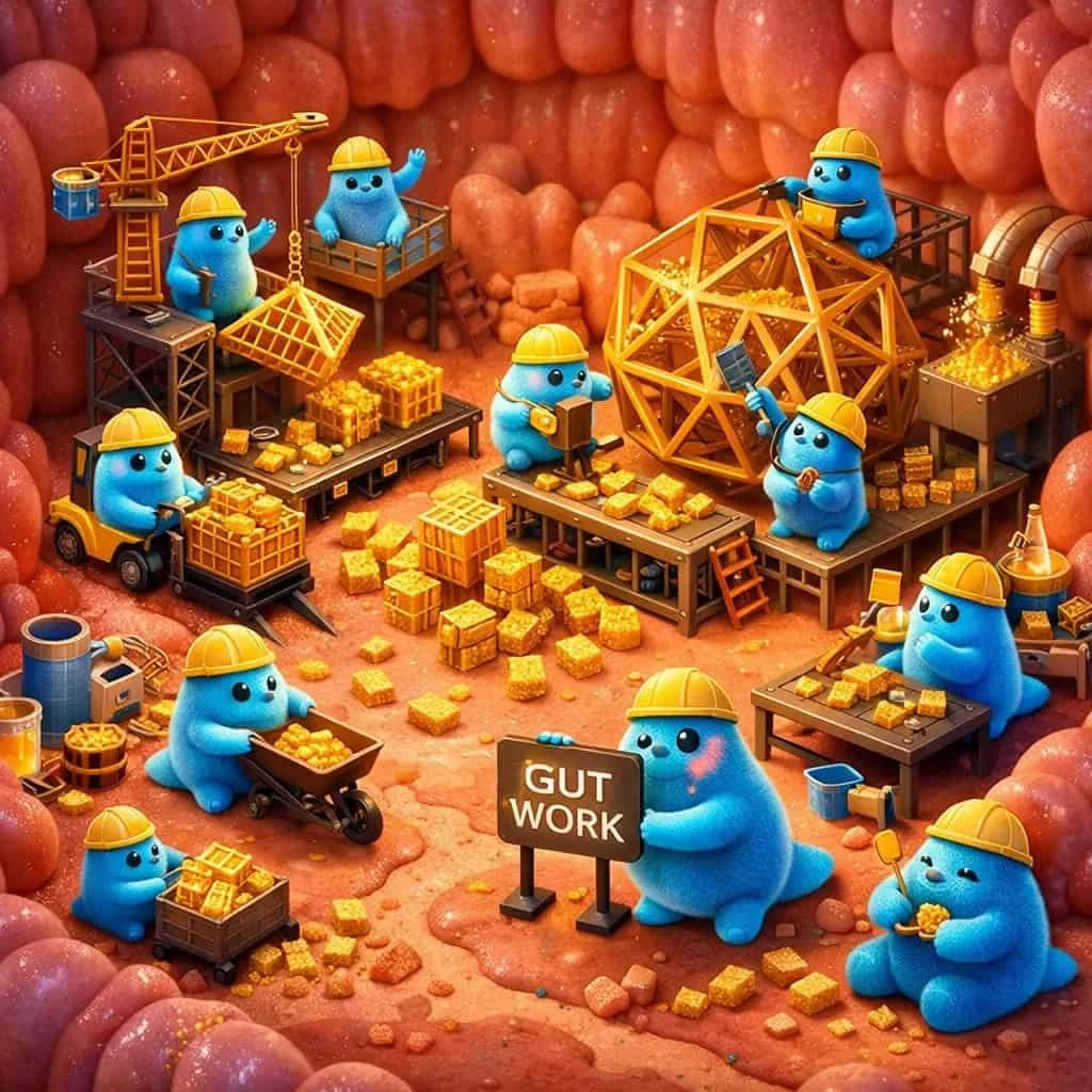 Microbial workers consuming prebiotic fiber to build gut health and improve mental strength training.