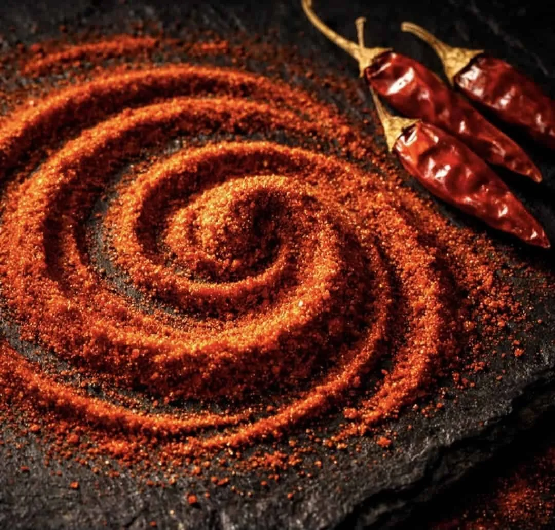 Close-up of cayenne pepper powder and whole dried peppers showing spice texture