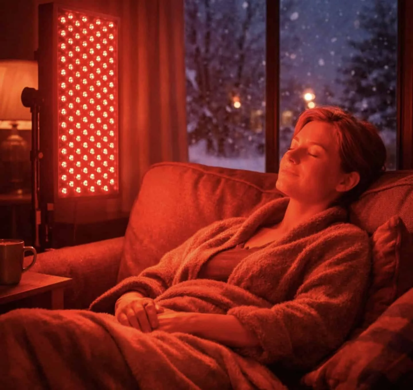 Person relaxing with red light therapy device at home during winter evening