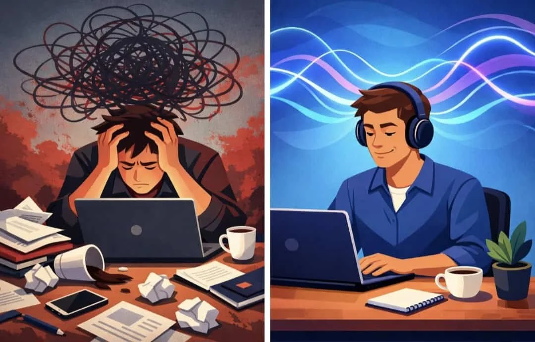 Before and after comparison showing improved focus with brainwave meditation