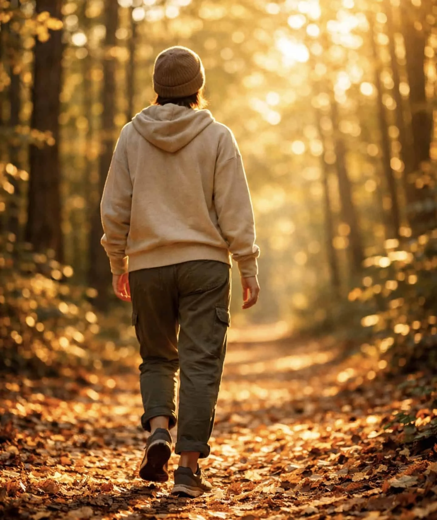 Person practicing mindful walking in nature for mental strength without hustle culture