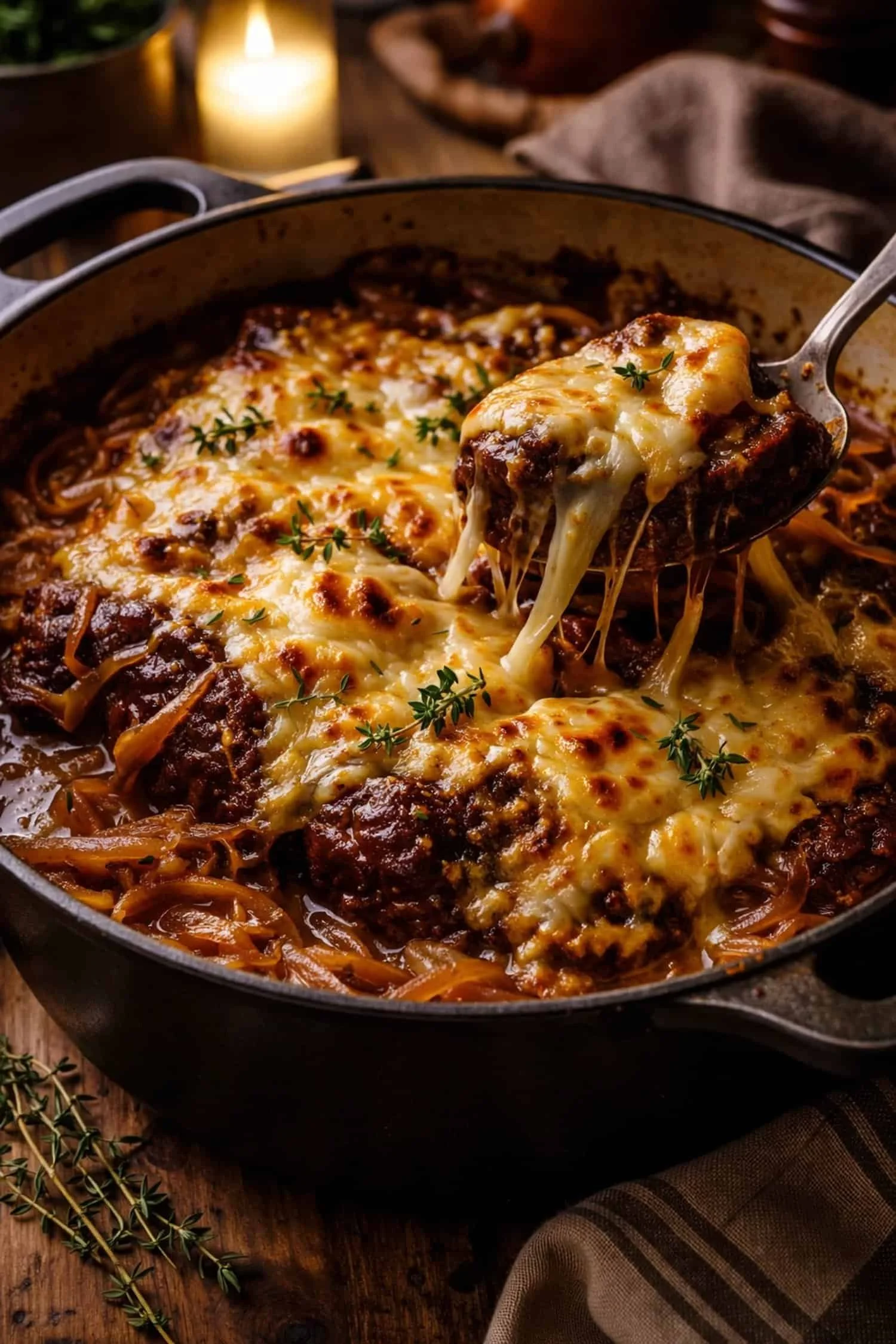 French onion pot roast with caramelized onions and melted gruyère cheese, a cozy keto main course for Canadians