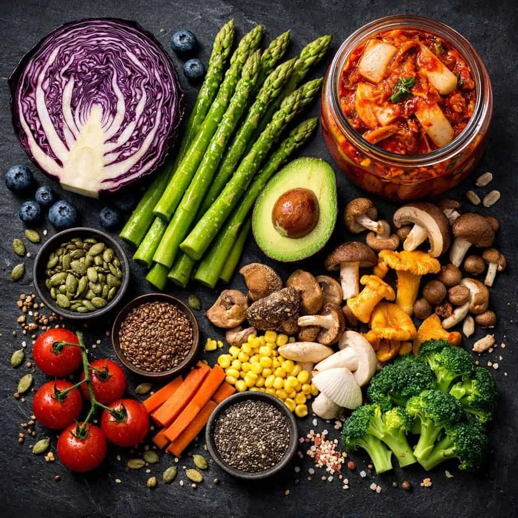 A diverse spread of prebiotic vegetables and fermented kimchi to support cognitive function naturally.