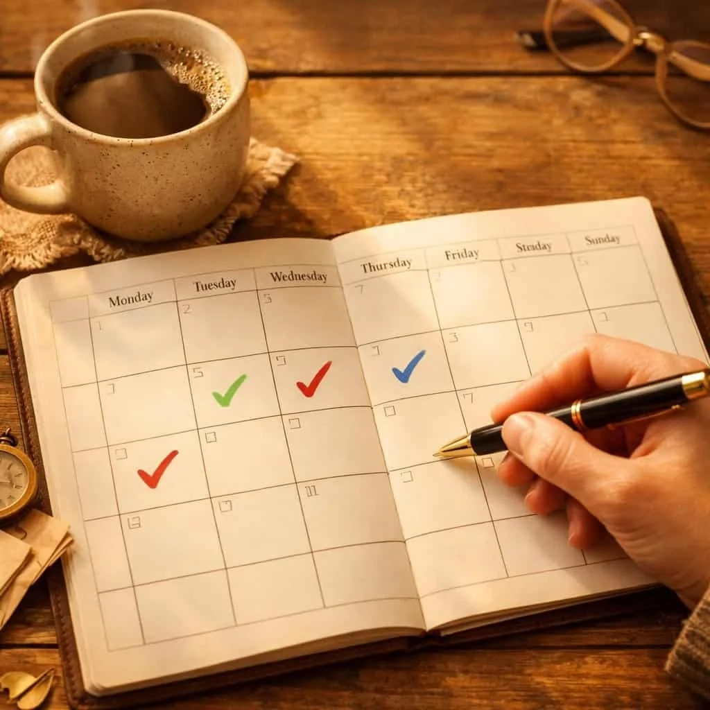 Calendar tracking daily progress with checkmarks showing consistent small wins for building strong will