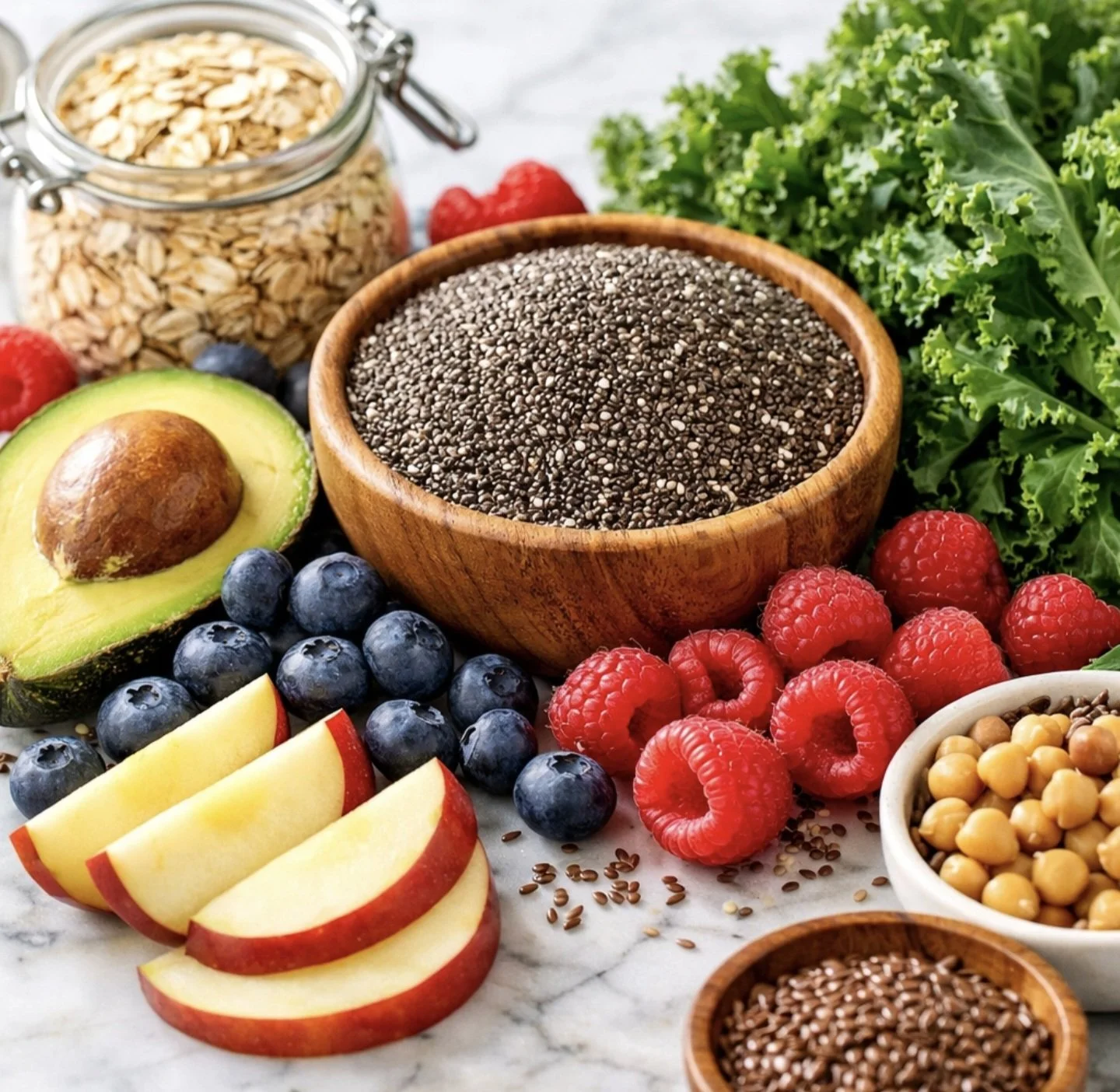 High-fiber foods including chia seeds, berries, kale, and oats for natural appetite suppression