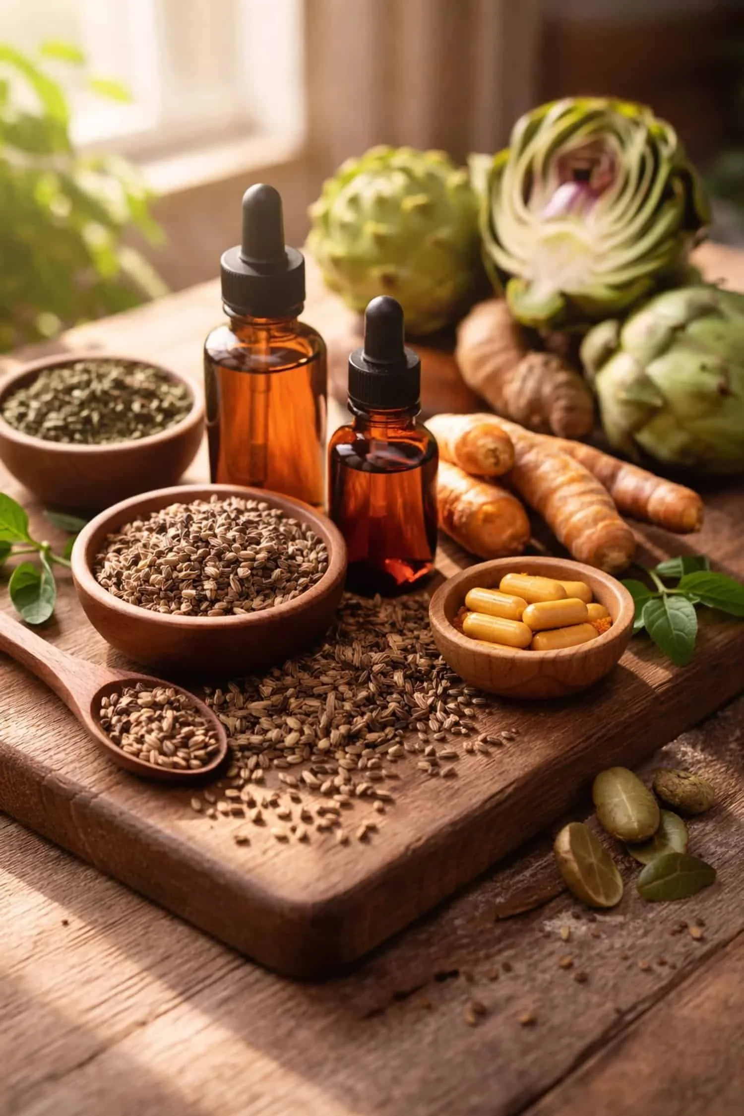 Natural liver support supplements including milk thistle, turmeric root, and green tea on a wooden board